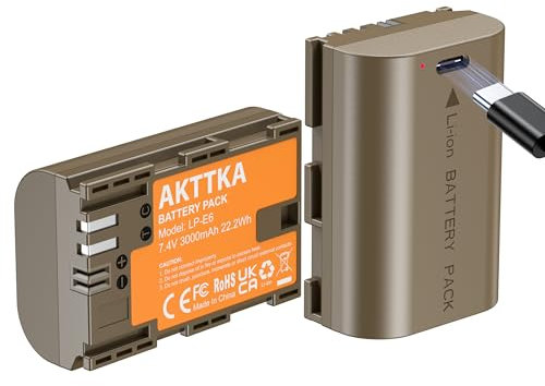 AKTTKA Batterie LP-E6 (2 pcs) avec câble USB-C 2-en-1, 3000mAh, Compatible Canon LP-E6/LP-E6N, EOS 5D II/III/IV, 6D/6D II, 7D/7D II, 60D/70D/80D/90D et Plus