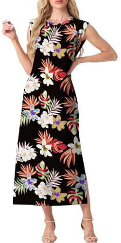 GRECERELLE Robe maxi d'été pour femmes, robes chemises décontractées, styles élégants, robes maxi basiques sans manches pour femmes UK avec fente et poches, L