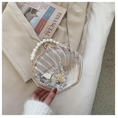 WDSBZNB Muschel Tasche Abendtaschen for Damen, transparente Muscheltasche, Clutch, Box, Handtasche, Perlenkette, Umhängetasche, Geldbörse, Schultertasche(Transparent)