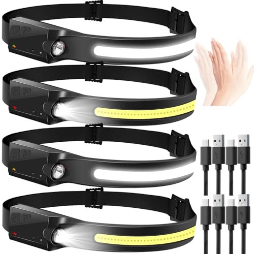 Aigostar Linterna Frontal LED Recargable,4 Piezas,Linterna de Cabeza LED con Sensor de Movimiento,6 Modos de Luz,230 ° Ángulo Ancho,USB C,0.14lb Ligera para Camping,Correr,Ciclismo,Pescar