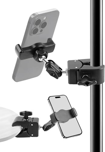 BILIONE Mic Stand Phone Holder, Pole Mount Clamp Phone Holder | 360° Rotation for Microphone Guitar Drums Music Photography Light Stand, Compatible with 4 to 7 Smartphones