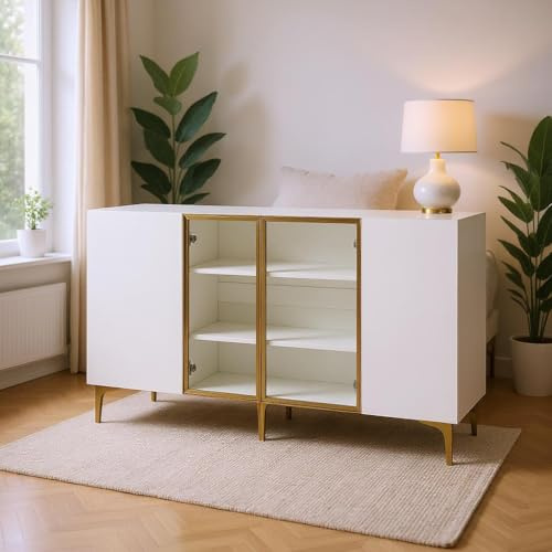 HOMYLIN Minimalistischer Schlafzimmerschrank mit Glastüren und Regalen, 150 cm Aufbewahrungsschrank mit goldfarbenen Beinen, Weiß