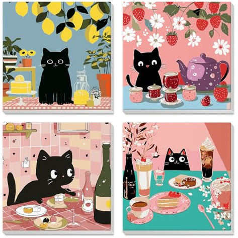 4 Pièces Peinture par Numéros Adulte Chat noir rigolo, Peinture par Numero enfant avec Cadre, Anniversaire d'un chat noir, Kits de Peinture au Numéro Enfant 7 8 9 10 Ans, Décoration Chambre 20x20 cm
