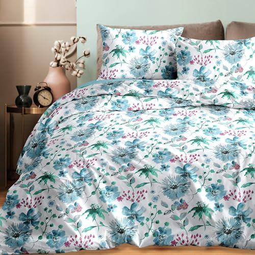 Ruggeri Completo Letto Matrimoniale Cotone Federe e Lenzuola, Fiori Azzurri | Set Lenzuola Alta Qualità Certificato Oeko-Tex, Lenzuolo con Angoli 170x195 cm, Lenzuolo Piatto 240x280 cm, 2 Federe 50x80 cm