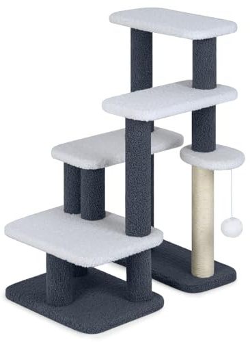 GYMAX Arbre à Chat 5 Niveaux 77cm, Escalier pour Escalade | Poteau en Sisal à Gratter, Balle de Jeu à Jouer, Surface en Peluche, Charge Jusqu'à 15kg, 62 x 41 x 77 cm