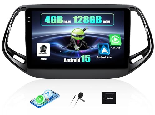 SIXWIN 4+128G Android 15 Autoradio per Jeep Compass 2017-2019 con Wireless CarPlay/Android/Mirror Link, 10 HD TouchScreen Schermo Navigatore con WiFi GPS Bluetooth FM RDS Radio USB +Telecamera