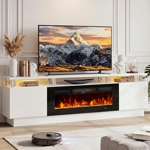 OneBlis 70 Fireplace TV Stand for TVs UP to 80, Electric Fireplace Entertainment Center with LED Lights & Storage Cabinets, TV Console for Living Room, Office, White-Black