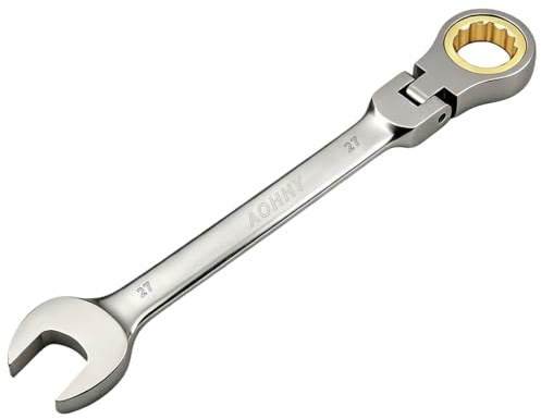 Aohhy Flexible Head Ratchet Spanner 27mm Cr-V Steel Forged Combination Spanner, 72 Tooth Gear System Flexible Head and Open End Combination Wrench with Grey Nickle Plated