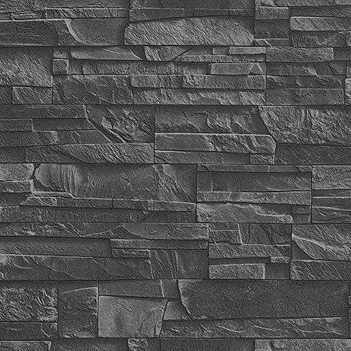 Rasch Factory Slate Brick Pattern Stone Faux Effect Textured Mural Wallpaper (Black 475036)