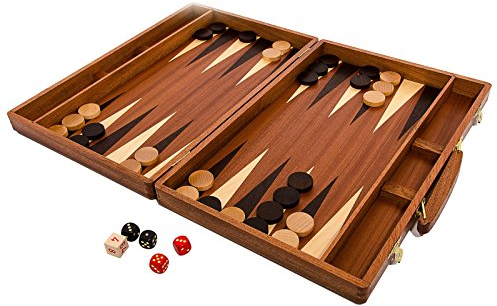 Reise Backgammon Holz Hochwertig | Master of Chess | Intarsien Mahagoni Backgammon Koffer 38 x 50 cm | Brettspiel und Dame Spielesteine für Kinder und Erwachsene