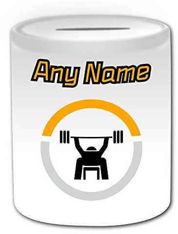 Sparschwein mit Gewichten (Sport-Gymnasium-Design, Weiß) – personalisierbar