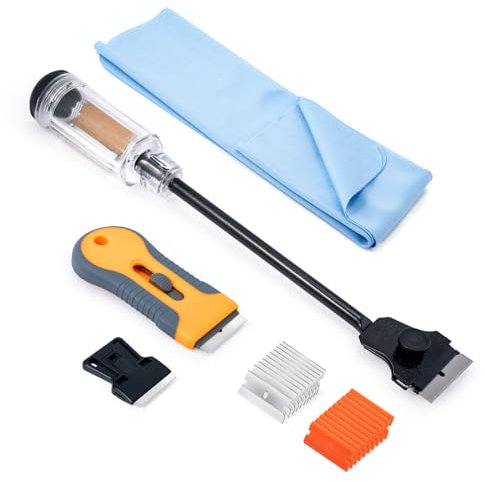 FOSHIO Multi-Purpose Window Tint Removal Tool Set with Long Handle Razor Blade Scraper, Retracted Metal Razor, Mini Plastic Scraper, Microfiber Cleaning Cloth, 20 Bonus Razor Blades
