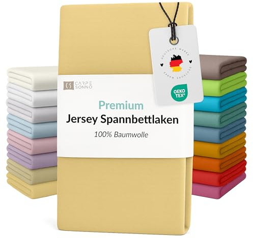 Carpe Sonno Jersey Spannbettlaken 90-100x200 cm – Gelb Steghöhe 15 – 25 cm | Elastisches Bettlaken mit Rundum-Gummi | 100 % Baumwolle, bügelfrei, Made in EU | für Matratzen mit 15–25 cm Steghöhe