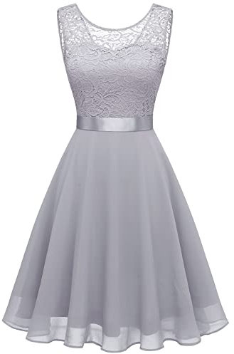 Berylove Damen Spitzenkleid Brautjungfer Elegant Party Knielang Cocktailkleid Chiffon Ärmellos BLP7005B-Grey2XL