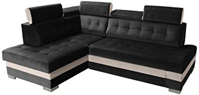 Robin Paris Ecksofa mit Schlaffunktion Bettkasten 5 Verstellbare Kopfstützen Sofa L-Form Schlafsofa Freistehende Eckcouch Schlafcouch Wohnzimmermöbel Wohnlandschaft Schwarz Creme