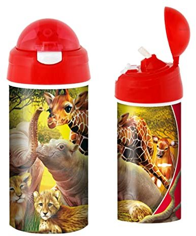 3D LiveLife Drinking Bottle - Kissing Cousins from Deluxebase. 3D Lenticular Safari Animal Water Bottle with Straw. 600ml kids drinks bottle with original artwork from renowned artist, Michael Searle
