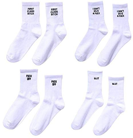 Maijia 4 Pair Novelty Funny Letter Print Cotton Socks FUCK OFF Crew Socks Women Mens Tube Socks Unisex White Sock (4 Pairs)