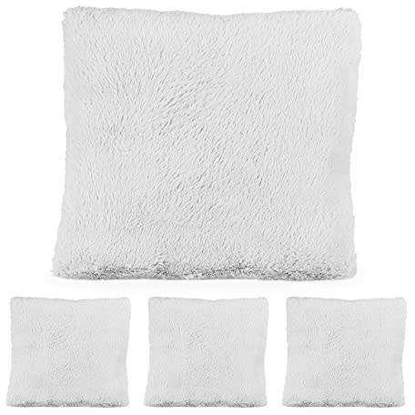 4 x Flauschige Kissen, Kuschelkissen mit Füllung, kuschelweich, Plüschbezug abnehmbar, Deko Zierkissen 35x40cm, hellgrau