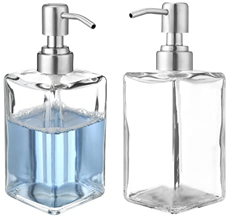 Lot de 2 flacons distributeurs de savon liquide en verre transparent de 500 ml avec pompe en acier inoxydable pour le lavage des mains, la vaisselle, le shampooing douche et la lotion pour le corps