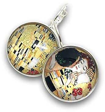 Unterschiedliche Ohrhänger aus Edelstahl mit Glascabochon, Retro, Vintage, Schmuckset „Der Kuss“ von Klimt, Gemälde, Maler, Kunstwerk (Ref.13a)