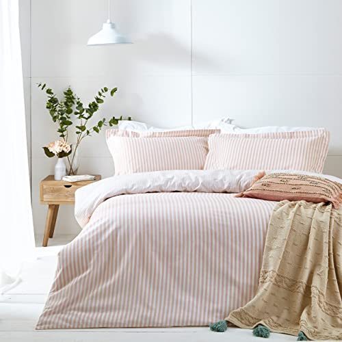 Yard Hebden Mélange Stripe Cotton Duvet Set – Ultra Soft Reversible Striped Bedding (Blush – Double)