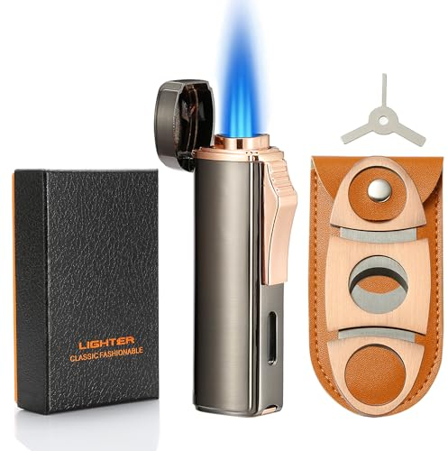Futlidys Lighter and Cutter Set, Built-in Punch, Triple Jet Flame Gas Lighter, Refillable Windproof Butane Torch Lighters. Grey(Sold Without Gas)