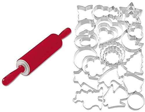 Original Kaiser Original Kaiserflex Red Teigrolle 49 x 6,5 cm, Nudelholz, rot & Ausstechformen Weihnachten 25-teilig, Keksausstecher, Plätzchenausstecher, Cookie Cutter, zum Ausstechen von Plätzchen