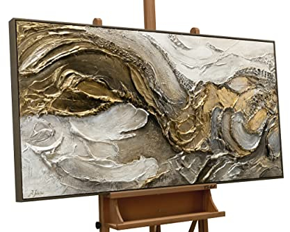 YS-Art Luxus XXL Abstrakt Acryl Gemälde auf Leinwand Unendlichkeit handgemalt Wandbilder Wohnzimmer modern Wohndekor Design Bild Gold echte Kuns 140x70 cm
