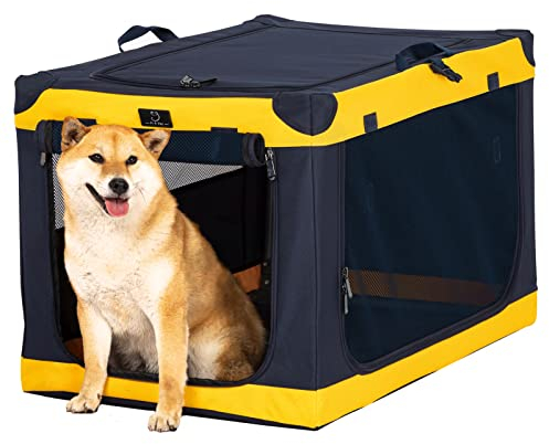 A 4 Pet Hundebox faltbar große Hunde Auto Transportbox Hund Soft tragebar Hundebox für zuhause, leicht zu verstauen mit montiertem Aluminium Rahmen, einstellbare Kompatibilität (L, Gelb)