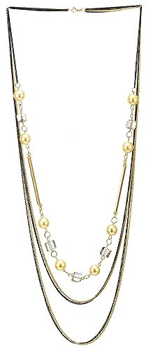 Perla y Cristal Largo Collar Statement Collar Oro Negro Multi Capas Largo Cadena, Vestir Fiesta