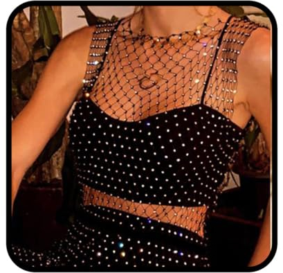 Ushiny Malla de cristal Top Festival Traje Rhinestones Red ahuecada Tank Top Brillante Cuerpo Accesorio para Mujeres y Niñas, Negro , M