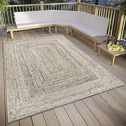 Elle Decoration Jules In- & Outdoor Teppich – Design Flachgewebe Meliert Outdoorteppich, Wetterfest & UV-beständig Außenteppich für Wohnzimmer, Balkon, Terrasse, Garten – Creme Schwarz, 120x170cm