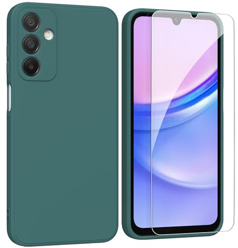 ARRYNN Custodia per Samsung Galaxy A15 4G / 5G (6,5) Cover + Pellicola Protettiva Vetro Temperato,Liquid Silicone TPU Case Cover per Samsung Galaxy A15 4G / 5G - Verde Scuro