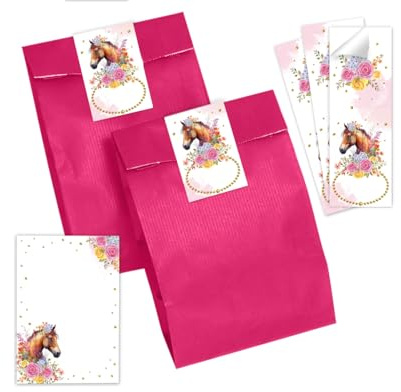 12 Mini-Notizblöcke + 12 Geschenktüten (rosa) + 12 Aufkleber Pferd Mitgebselset Gastgeschenke für Kindergeburtstag Mädchengeburtstag