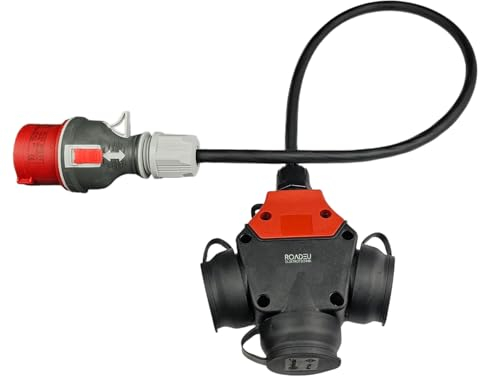 RoadEu - Tragbarer Stromadapter - CEE-Stecker 32A, 380V auf 220V Adapter mit 3X 220V Schuko. 5x2,5mm Gummi-Verlängerungskabel 3 Meter.