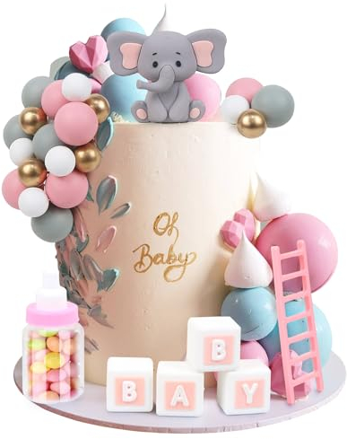 LARDUX 24 PCS Baby Shower Cake Decorations-Elephant Cake Decoration DIY Cake Balls Decoration for Baby Boy Girl Birthday Party Gender Reveal Elephant Baby Shower Cake Decor-Pink