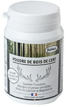 Bubimex - Poudre de Bois de Cerf - Complément Alimentaire 100% Naturel pour Chiens et Chats - Riche en Calcium et Magnésium - Ossature et Fonction Rénale - 60g
