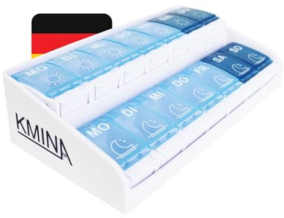 KMINA Tablettenbox 7 Tage 2 Fächer, Groß, Deutsch, Medikamentenbox | Morgens Abends, Pillendose, Tabletten Organizer, Druckknopf zum Öffnen, Patentiert