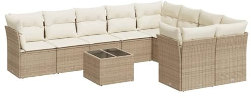 vidaXL Garten Sofa Garnitur 10-TLG., Gartenmöbel Set mit Kissen Stauraum, Sitzgruppe für Garten Terrasse, Modular Gartensofa Lounge, Tisch mit Glasplatte, Beige Poly Rattan