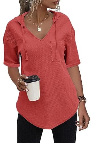 Cuptacc Oberteile Damen Sommer T Shirt V Ausschnitt Kurzarm Hoody Tshirt Waffelstrick Oberteile Chic Fuchsie,L 42-44