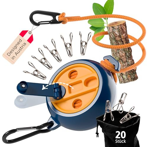 AUTDOOR® Wäscheleine ausziehbar - mit ausklappbarer Handkurbel für müheloses Aufrollen - Robuste 10m Reisewäscheleine für Camping, Wohnmobil & Balkon (Blau)