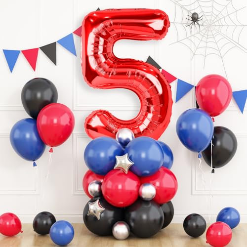 40 Inch Number 5 Balloon Red, Balloon Tower with Red Blue Black Balloons and Metallic Silver Star Foil Balloons for Boys 5th Birthday Party Decor Theme Party Supplies