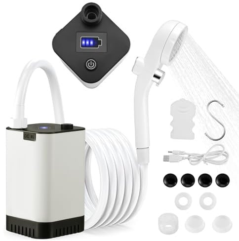 Camping Shower, Portable Shower, Indoor/Outdoor Shower Rechargeable Travel Shower with Suction Cup, Hook, USB Cable, Storage Bag for Camping Garden Home Pet Cleaning,5200mAh Battery,3-Speed Adjustable