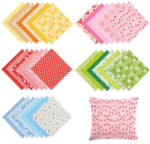 ANNASAMDO 35 Stücke Baumwollstoff Set - 25x25 cm Patchwork Quadrate in hellen Farben - 100% Baumwolle für Nähen, DIY Bastelprojekte und Handarbeiten