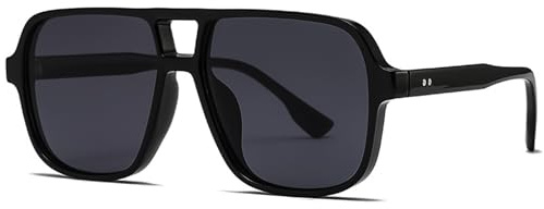 LOJUDI Retro 70s Sunglasses Womens Mens - Pilot Square Tinted Lens Oversized Vintage Ladies Sun Glasses Trendy Shades for UV400 Protection-Black/Black Lens