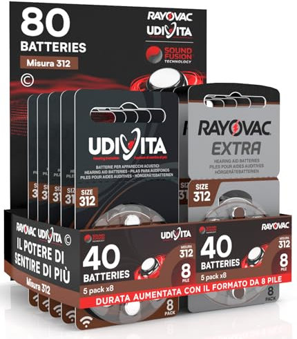 80 Batterie Misura 312 per Apparecchi Acustici Auricolari PR41 (Marroni - Zinco Aria) con Sound Fusion Technology per Amplificatore Acustico - 80 Pile: 40 Udivita + 40 Rayovac