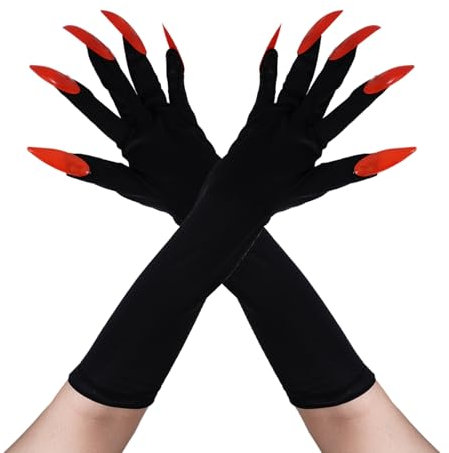 ASFWAGQ Kostümhandschuhe Halloween Handschuhe Lange Nagelhandschuhe Cosplay Fingernägel Handschuhe Cosplay Requisiten mit Krallen (Rot, Einheitsgröße)