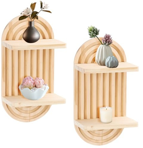2 Stück Wandregal Holz Boho Wanddeko, Doppelschicht Wandregal Holz Regal Wand, Deko Aesthetic Holzregal 18 * 12 * 34.5CM, Schweberegal Holzregal max Belastung 40lbs für Wohnzimmer Schlafzimmer, Büro