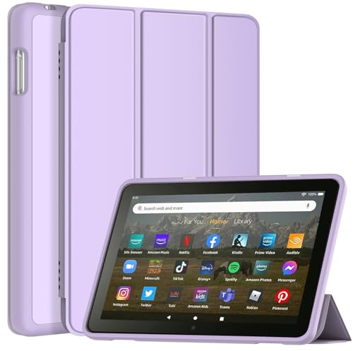 Fire HD 8 & HD 8 Plus Tablet Hülle(12 Gen, 2022), Nicht für TCL, Sonlaryin Dreifach Faltbarer Vorderseite aus Leder und TPU Rückseite für Fire HD 8 Kids Pro Tablet, Auto Schlaf/Aufwach - Helles Lila
