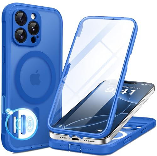 BERFY Magnetic for iPhone 16 Pro Max Case, Compatible with MagSafe, [Built-in 9H Tempered Glass Screen Protector & Camera Protection] Full Body Translucent Matte Phone case for 16 Pro Max, Klein Blue
